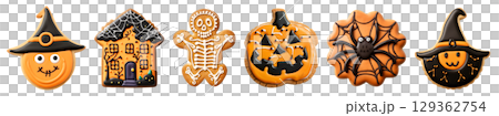 Set of Gingerbread halloween pumpkin, skeleton, Jack O Lantern, haunted house, witch, spider cobweb cookie biscuit on transparent cutout PNG file. Many different design. Mockup template for design Set of Gingerbread halloween pumpkin, skeleton, Jack O Lantern, haunted house, witch, spider cobweb cookie biscuit on transparent cutout PNG file. Many different design. Mockup template for design 129362754