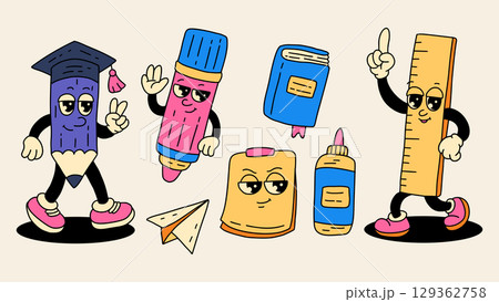 Back to School Vintage Retro Mascot Character Education Supplies Vector Set Pencil Glue Sticker Stationery 129362758