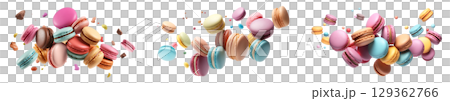 Set of colourful Macaroon Macaron flying floating dropping with crumbs pieces frosting on transparent background cutout, PNG file. Many assorted different. Mockup template for artwork Set of colourful Macaroon Macaron flying floating dropping with crumbs pieces frosting on transparent background cutout, PNG file. Many assorted different. Mockup template for artwork 129362766