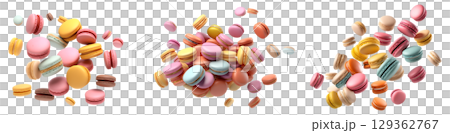 Set of colourful Macaroon Macaron flying floating falling dropping on transparent background cutout, PNG file. Many assorted different. Mockup template for artwork 129362767