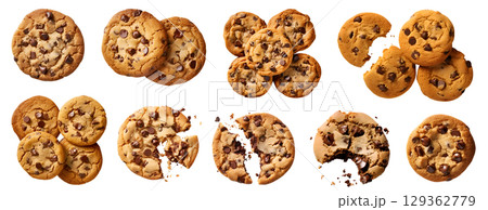 Chocolate chip cookie cookies, top view on transparent background cutout, PNG file. Many assorted different design. Mockup template for artwork.	 Chocolate chip cookie cookies, top view on transparent background cutout, PNG file. Many assorted different design. Mockup template for artwork.	 129362779