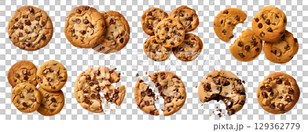 Chocolate chip cookie cookies, top view on transparent background cutout, PNG file. Many assorted different design. Mockup template for artwork.	 Chocolate chip cookie cookies, top view on transparent background cutout, PNG file. Many assorted different design. Mockup template for artwork.	 129362779
