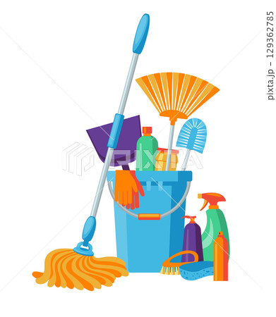 Cleaning service flat illustration. Cleaning items in bucket isolated on white. Plastic blue bucket, mop, sponge, brush, detergent product, glass cleaner 129362785