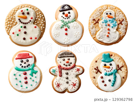 Gingerbread snowman cookie biscuit on transparent background cutout. PNG file. Many assorted different design. Mockup template for artwork design 129362798