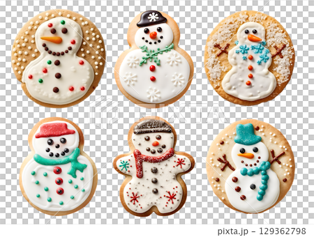 Gingerbread snowman cookie biscuit on transparent background cutout. PNG file. Many assorted different design. Mockup template for artwork design 129362798