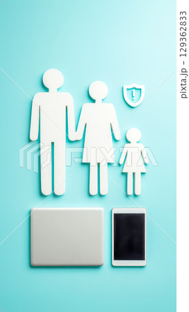 Digital Family Protection Concept With Paper Cutout Figures, Smartphone, Laptop, And Shield Icon On Blue Background. Concept Of Cybersecurity, Parental Control, And Online Safety For Families 129362833