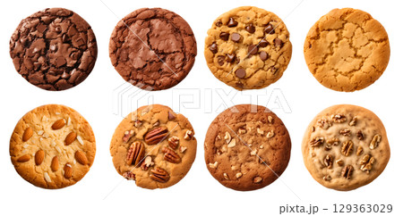 Collection of round cookie cookies biscuit, classic and nut set, on transparent background cutout. PNG file. Many assorted different flavour. Mockup template for artwork design Collection of round cookie cookies biscuit, classic and nut set, on transparent background cutout. PNG file. Many assorted different flavour. Mockup template for artwork design 129363029
