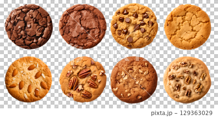 Collection of round cookie cookies biscuit, classic and nut set, on transparent background cutout. PNG file. Many assorted different flavour. Mockup template for artwork design 129363029
