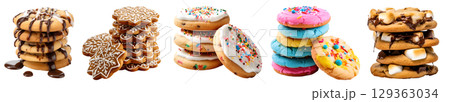 Pile group stack tower of round cookie cookies biscuit, flavour rainbow frosting icing on transparent background cutout. PNG file. Many assorted different flavour. Mockup template for artwork design 129363034