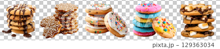 Pile group stack tower of round cookie cookies biscuit, flavour rainbow frosting icing on transparent background cutout. PNG file. Many assorted different flavour. Mockup template for artwork design Pile group stack tower of round cookie cookies biscuit, flavour rainbow frosting icing on transparent background cutout. PNG file. Many assorted different flavour. Mockup template for artwork design 129363034