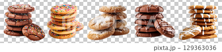Pile group stack tower of round cookie cookies biscuit, sprinkle and frosting icing set, on transparent background cutout. PNG file. Many assorted different flavour. Mockup template for artwork design 129363036