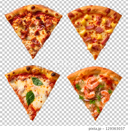 Pizza Slice, Hawaiian, meatlover, margherita, seafood shrimp on transparent background cutout, PNG file. Many assorted different flavour. Mockup template for artwork design 129363037