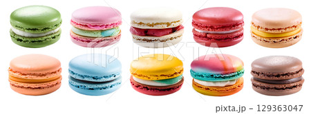 Macaroon Macaron, front view on transparent background cutout, PNG file. Many assorted different colours. Mockup template for artwork 129363047