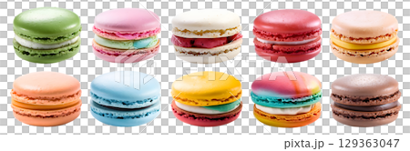 Macaroon Macaron, front view on transparent background cutout, PNG file. Many assorted different colours. Mockup template for artwork 129363047