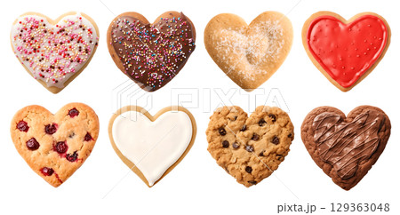 Heart Love shape cookie cookies biscuit, sprinkle and icing set, on transparent background cutout. PNG file. Many assorted different design. Mockup template for artwork design 129363048