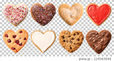 Heart Love shape cookie cookies biscuit, sprinkle and icing set, on transparent background cutout. PNG file. Many assorted different design. Mockup template for artwork design 129363048
