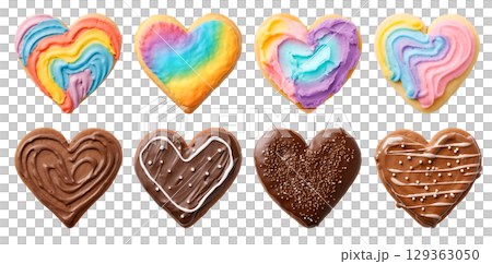 Heart Love shape cookie cookies biscuit, chocolate rainbow frosting icing set, on transparent background cutout. PNG file. Many assorted different design. Mockup template for artwork design 129363050