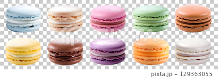 Macaroon Macaron, front view on transparent background cutout, PNG file. Many assorted different colours. Mockup template for artwork	 Macaroon Macaron, front view on transparent background cutout, PNG file. Many assorted different colours. Mockup template for artwork	 129363055