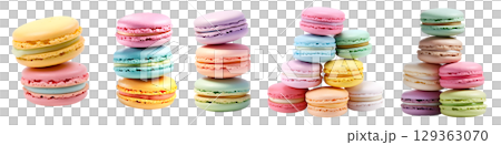 Macaroon Macaron, Pastel collection, group stack tower front view on transparent background cutout, PNG file. Many assorted different colours. Mockup template for artwork 129363070