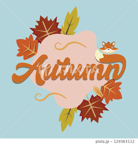 Autumn word with fox and leaves. Vector 129363112