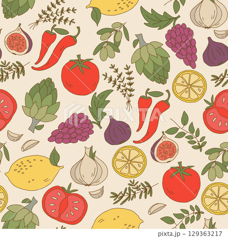Seamless Pattern of Mediterranean Food Ingredients Seamless Pattern of Mediterranean Food Ingredients 129363217