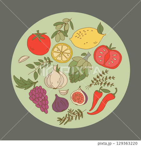 Hand Drawn Mediterranean Ingredients Circle Composition 129363220