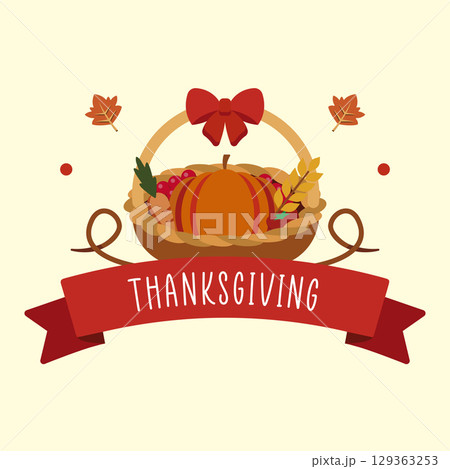Thanksgiving basket with red ribbon. Vector 129363253