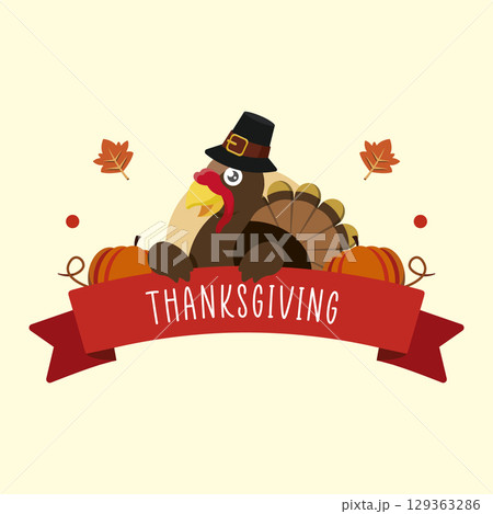 Thanksgiving turkey red ribbon banner. Vector 129363286