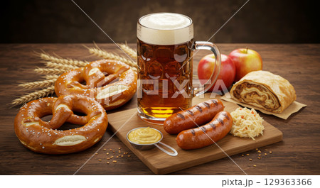 Traditional Oktoberfest food and drink still life with beer, pretzels, sausages, and apple strudel on a wooden table. 129363366