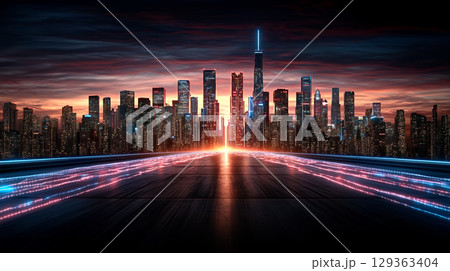 Vibrant cityscape at sunset with neon lights illuminating road Vibrant cityscape at sunset with neon lights illuminating road 129363404
