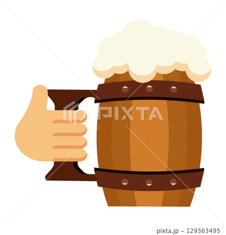 Hand holding wooden beer mug. Vector 129363495