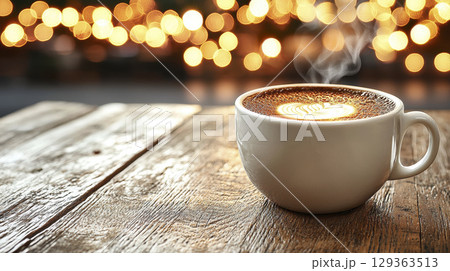 Steaming coffee in white mug on rustic wooden table 129363513