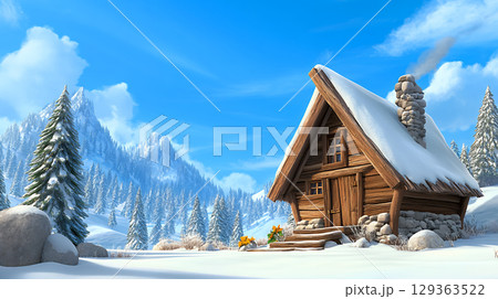Cozy cabin nestled in snowy mountain landscape Cozy cabin nestled in snowy mountain landscape 129363522