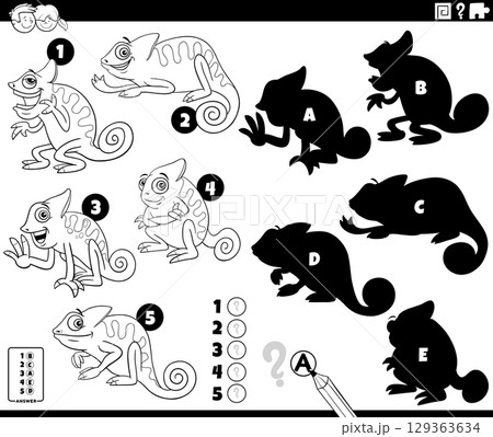 shadows puzzle with cartoon chameleons animal characters coloring page 129363634