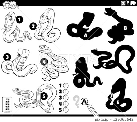 shadows puzzle with cartoon snakes animal characters coloring page 129363642