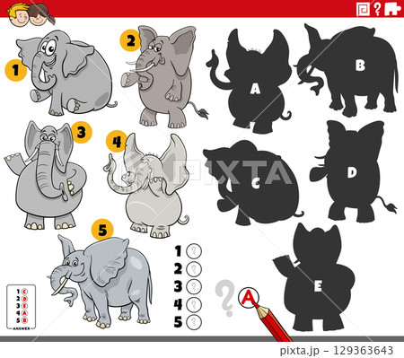 finding shadows puzzle with cartoon elephants animal characters finding shadows puzzle with cartoon elephants animal characters 129363643