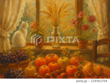 実りの午後、秋の窓辺の静物画 129363704