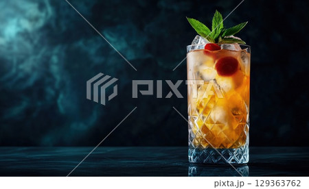 Front View Of Cuba Libre Cocktail Made Fresh With Copy Space On Dark Background 129363762