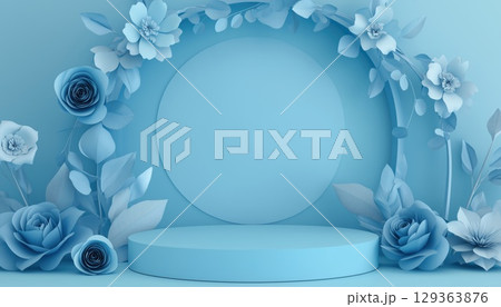 Abstract Blue Floral Frame With Full Paper Flowers 129363876