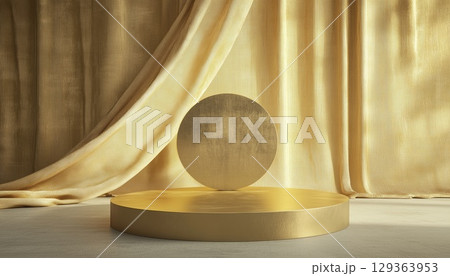 Golden Fabric Flutter Scene With Geometric Shapes For Pedestal Show 129363953