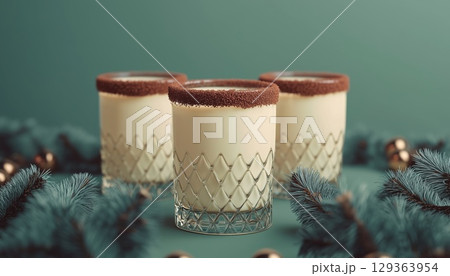 Enjoy Eggnog In Festive Glasses With A Cocoa Rim For A Classic Christmas Winter Drink Experience 129363954