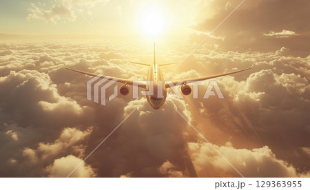Spectacular View Of A Large Commercial Airplane Soaring Above The Clouds In Radiant Sunlight 129363955
