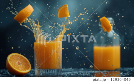 Refreshing Orange Juice Splash In A Glass And Bottle 129364049