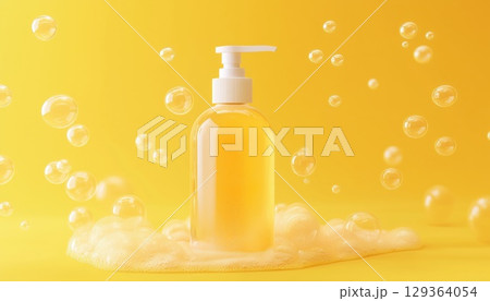 Yellow Background With Soap Bubbles Surrounding A Hand Gel Bottle 129364054