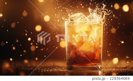 Celebration Party With Cola Glass And Ice Splash On A Dark Background 129364069