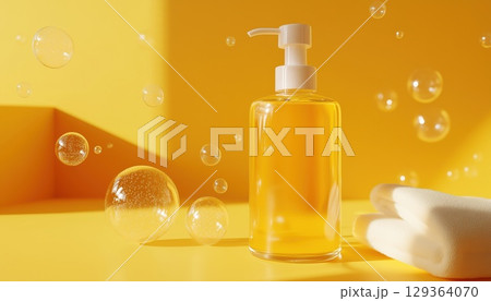 Yellow Background With Soap Bubbles Surrounding A Hand Gel Bottle 129364070