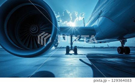 Detailed View Of Aircraft'S Jet Engine Blades With A Blue Tone 129364083