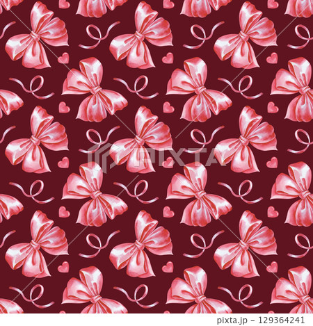 Watercolor seamless pattern with pink bows, ribbons and hearts on a dark red background. A template with bows, ribbons, and hearts for fabric, wallpaper, gift wrapping, textiles, and scrapbooking. 129364241