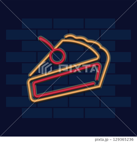 Cake slice with neon cherry. Vector 129365236