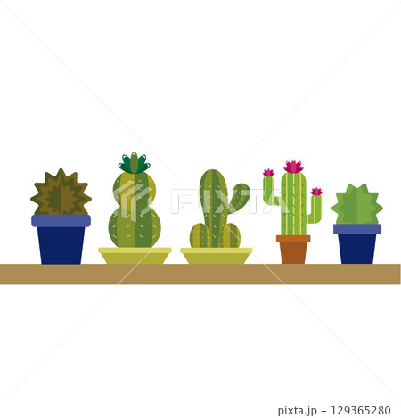 Collection of five cute cacti. Vector 129365280
